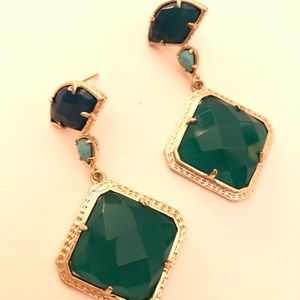Green, blue and turquoise earrings. Gold accents.